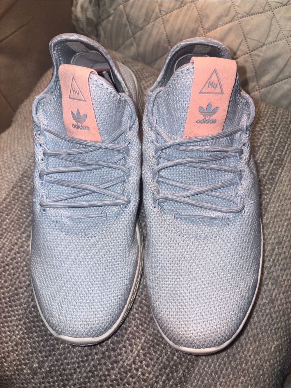 adidas Pharrell Williams Hu Light Blue Knit Sneakers with Pink accents